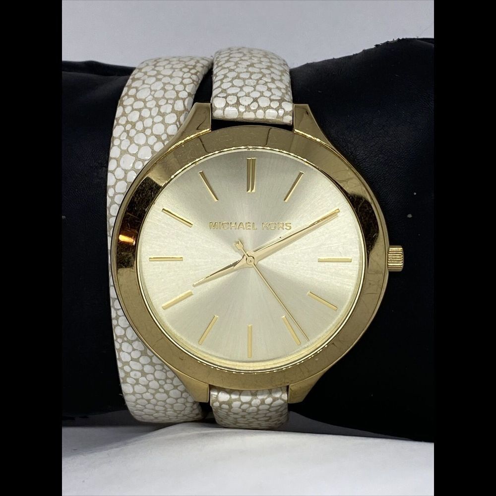 Michael Kors Slim Runway MK2477 Women Leather Analog Gold Dial Wrist Watch MP335